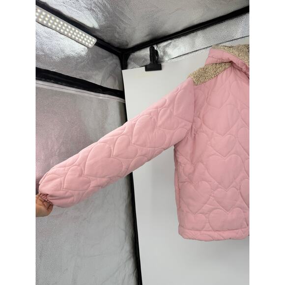 For Love And Lemons Jacket Pink Heart Puffer Coat Hooded Sherpa Trim Zip Up Sz M - Picture 7 of 12